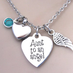 Aunt To An Angel Heart Necklace With Heart Urn & Birthstone, Memorial Urn Cremation Ashes Jewelry, Loss of Niece - Loss of Nephew