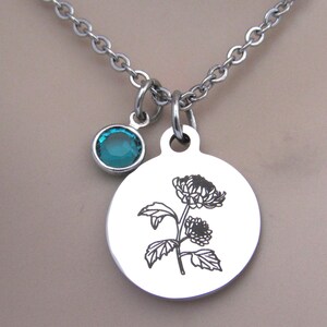 Chrysanthemum Flower Necklace w/ Birthstone, Mum Birth Flower Jewelry, November Birthday Gift Mother Daughter Wife Friend, Birth Necklace
