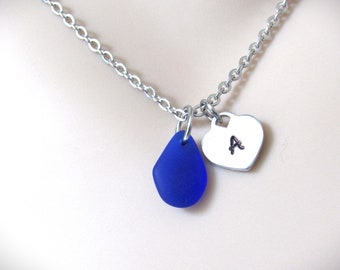 Sea Glass Pebble Necklace with Initial Personalized Heart, Blue Sea Glass Dainty Minimalist Necklace, Beach Wedding Jewelry, Beach Necklace