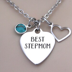 Best Stepmom Necklace With Heart Charm & Birthstone, Step Mom Keepsake, Mother&#39;s Day, Stepmom Necklace, Gift for Stepmom, Stepmom Jewelry
