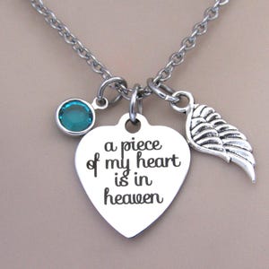 A Piece of My Heart is in Heaven Necklace with Angel Wing & Birthstone, Memorial Jewelry Remembrance, Loss of Loved One Grandparent Parent