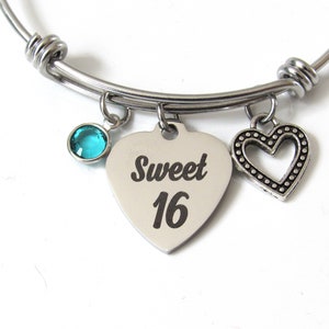 Sweet 16 Bracelet with Birthstone, Sweet 16 Heart Bracelet, Sweet 16 Jewelry, Gift for Daughter, Daughter Birthday, Niece Birthday Gift