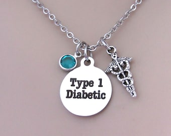 Type 1 Diabetic Medical Alert Necklace, Caduceus Charm, Birthstone