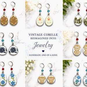 May include: A collection of eight pairs of dangle earrings featuring vintage Corelle ceramic patterns in various floral and geometric designs, accented with small colored crystal beads and silver-toned lever-back hooks, with text reading VINTAGE CORELLE REIMAGINED INTO Jewelry HANDMADE. ONE-OF-A-KIND.