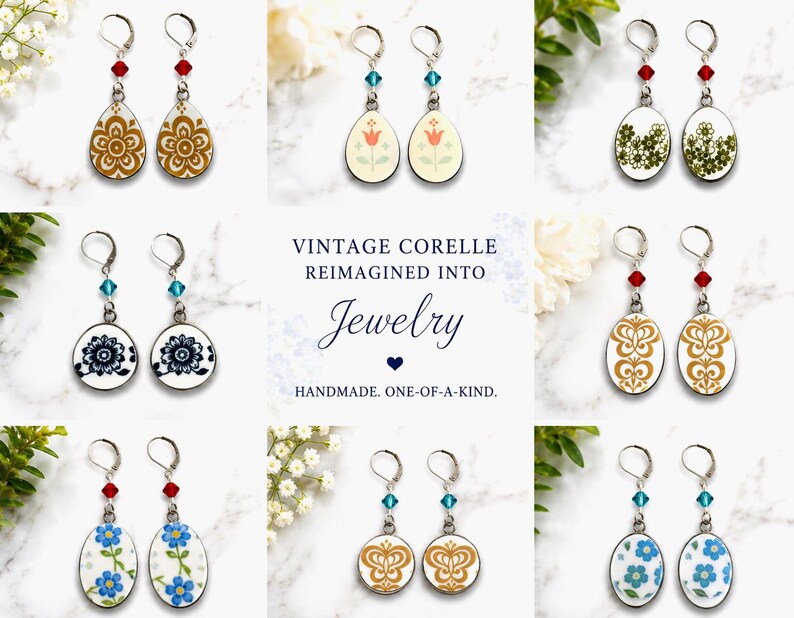 May include: A collection of eight pairs of dangle earrings featuring vintage Corelle ceramic patterns in various floral and geometric designs, accented with small colored crystal beads and silver-toned lever-back hooks, with text reading VINTAGE CORELLE REIMAGINED INTO Jewelry HANDMADE. ONE-OF-A-KIND.