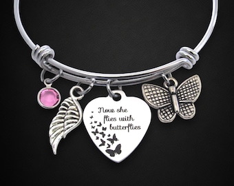 Butterfly Memorial Bracelet, Birthstone, Now She Flies with Butterflies, Sympathy Gift