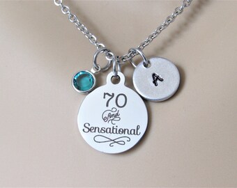 70 & Sensational Necklace with Initial Personalized Disk and Birthstone, Personalized 70th Birthday Gift, 70th Birthday Necklace