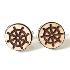 Ship&#39;s Wheel Laser Engraved Cufflinks, Nautical Wedding Jewelry, Men&#39;s Cufflinks, Maple Wood Cufflinks, Birthday Gift Dad, Father&#39;s Day