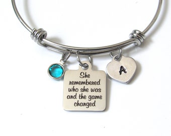 She Remembered Who She Was and the Game Changed Bracelet with Initial Heart & Birthstone, Personalized Bracelet, Motivational Encouragement