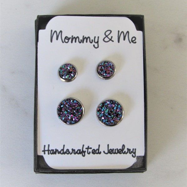 Pink Teal Sparkle Mommy & Me Druzy Stud Earrings, Mother and Daughter Pink Teal Sparkle Matching Earrings, Great for Newly Pierced Ears