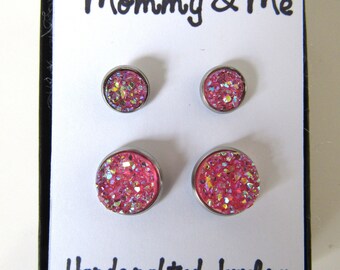Mommy & Me Druzy Stud Earrings, Mother and Daughter Pink Sparkle Matching Earrings, Great for Newly Pierced Ears