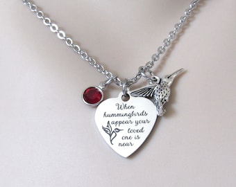 When Hummingbirds Appear Your Loved One Is Near Necklace With Hummingbird Charm and Birthstone, Hummingbird Necklace, Memorial Jewelry