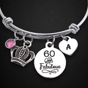 60 & Fabulous Bracelet with Initial Heart and Birthstone, Personalized Happy 60th Birthday Jewelry, 60th Birthday Gift, 60th Birthday Party