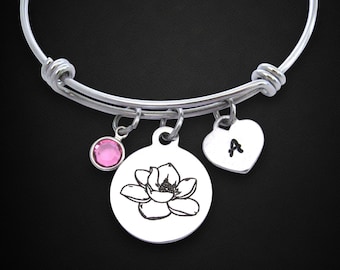 Personalized Magnolia Flower Bracelet, Initial Heart, Birthstone