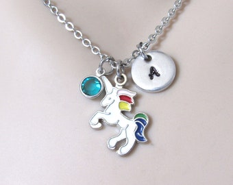 Unicorn Necklace with Initial Personalized Disk & Birthstone Bead, Colorful Unicorn Jewelry, Unicorn Birthday Gift, Daughter Niece Friend