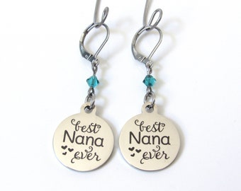 Best Nana Ever Earrings with Birthstone, Best Nana Lever Back Earrings, Nana Jewelry, Birthday Gift for Her, Gift for Nana, Grandmother