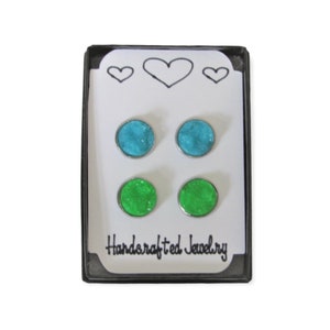 Neon Blue and Neon Green Druzy Stud Earrings, Set of 2, Hypoallergenic Stainless Steel Studs, Neon Earrings, Stud Earrings