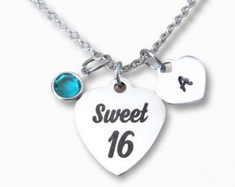 Sweet 16 Necklace with Initial Heart and Birthstone, Sweet 16 Personalized Jewelry, Sweet 16 Daughter Gift