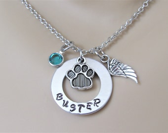 Personalized Pet Memorial Necklace with Paw Print, Angel Wing Charm and Birthstone, Dog Memorial Gift, In Memory of Dog Jewelry