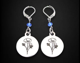 Poppy Flower Earrings,  Birth Flower Jewelry