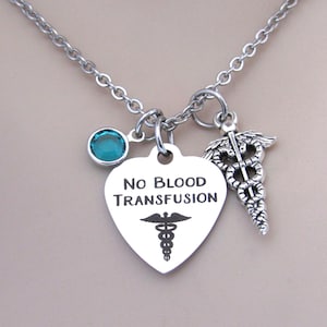No Blood Transfusion Necklace w/ Caduceus Charm and Birthstone, No Blood Transfusion Medical Awareness Necklace, Medical Jewelry