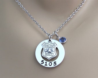 Police Wife, Police Mom, Police Daughter Hand Stamped Necklace w/ Custom Badge Number & Blue Crystal Bead, Police Lives Matter