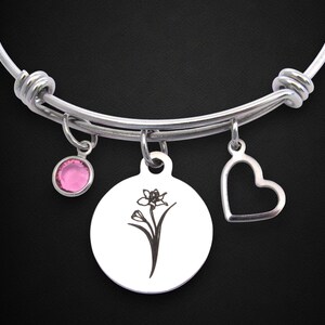 Daffodil Flower Bracelet w/ Birthstone, March Birth Flower Jewelry, Daffodil Bracelet, Personalized Birthday Gift Wife Sister Friend