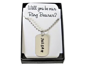 Will you be our Ring Bearer Necklace, Personalized Dog Tag Ring Bearer Necklace, Wedding Party Ring Bearer Jewelry Gift