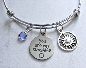 You Are My Sunshine Adjustable Bangle Charm Bracelet with Sun Charm & Birthstone Crystal, Daughter Keepsake Birthday