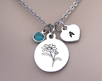 Daisy Flower Necklace, Personalized Initial Heart Charm, Birthstone, Birth Flower Jewelry