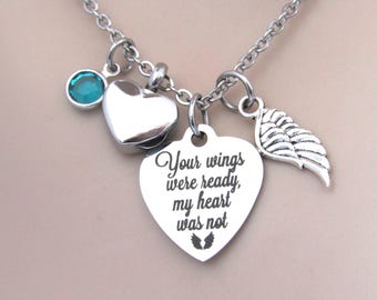 Your Wings Were Ready My Heart Was Not Necklace Heart Urn, Memorial Cremation Jewelry