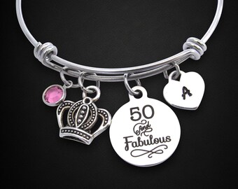 50th Birthday Charm Bracelet, Personalized Initial Heart, Birthstone