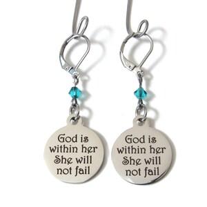 God is Within Her She Will Not Fail Earrings with Birthstone, Motivational Jewelry, Gift for Daughter, Encouragement, Faith Jewelry