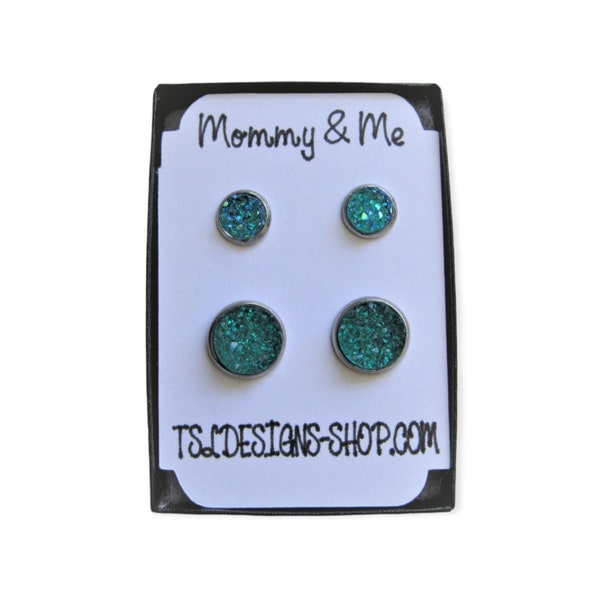 Mommy & Me Druzy Stud Earrings, Mother and Daughter Aqua Teal Sparkle Matching Earrings, Great for Newly Pierced Ears