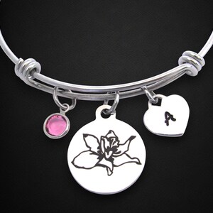 Daffodil Flower Bracelet w/ Initial Heart & Birthstone, March Birth Flower Jewelry, Daffodil Personalized Bracelet, Birthday Gift Wife