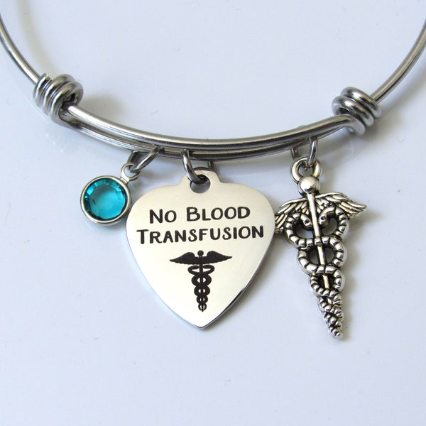 No Blood Transfusion Bracelet with Caduceus Charm and Birthstone, No Blood, Medical Awareness, Medical Jewelry, Medical Bracelet