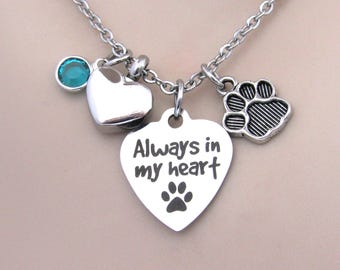 May include: Silver necklace with a heart charm that says "Always in my heart" and a paw print charm. The necklace also has a small teal blue crystal charm.
