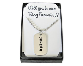 Will you be our Ring Security Necklace, Personalized Dog Tag Ring Security Necklace, Wedding Party Ring Bearer Jewelry Gift