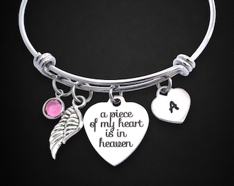 Memorial Bracelet, Personalized Initial, Birthstone,  A Piece of my Heart is in Heaven