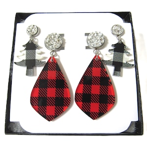 Buffalo Plaid Dangle Earrings and Buffalo Plaid Tree Earrings - Two Pairs - Black & White - Red and Black Studs Christmas Tree Party Jewelry
