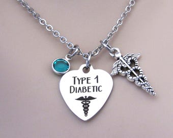 Type 1 Diabetic Medical Alert Necklace, Diabetes Caduceus Charm