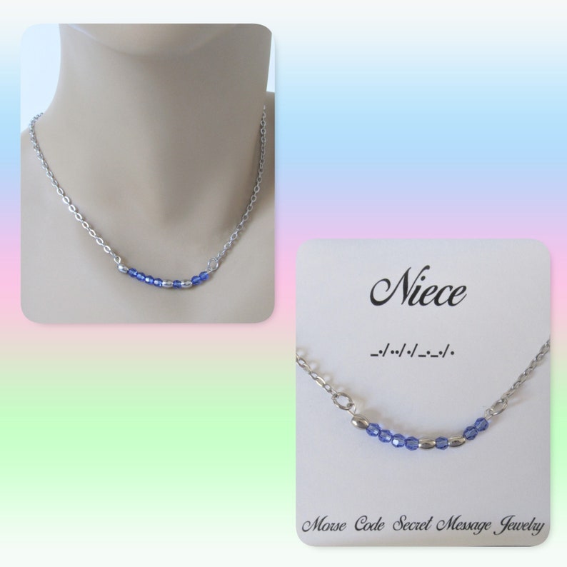 Niece Morse Code Stainless Steel and Crystal Birthstone Delicate Necklace, Secret Message Jewelry, Birthday Necklace Niece image 1