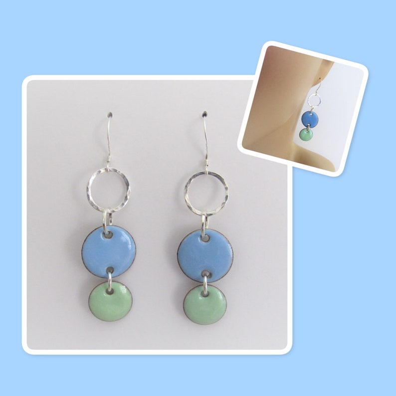 Sky Blue and Mint Green Circle Geometric Enamel Hammered Sterling Silver Circle Earrings