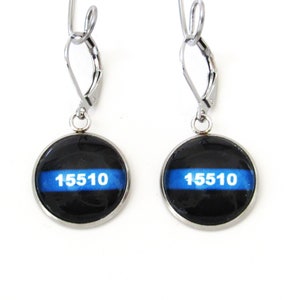 Thin Blue Line Earrings with Custom Badge Number, Police Wife, Support Police, Police Thin Blue Line Earrings