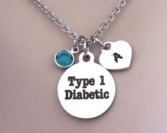 Type 1 Diabetes Awareness Necklace, Initial Heart, Birthstone, Medical Alert