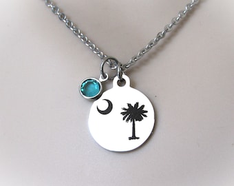 Palmetto Moon Necklace with Birthstone, Palm Tree Necklace, Palm Tree Jewelry, South Carolina Jewelry, Charleston Gift Palmetto Moon