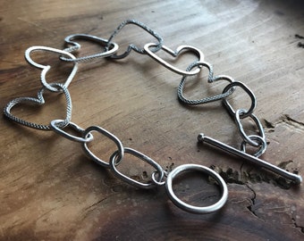 Handmade Sterling Silver Heart Bracelet with Toggle Clasp