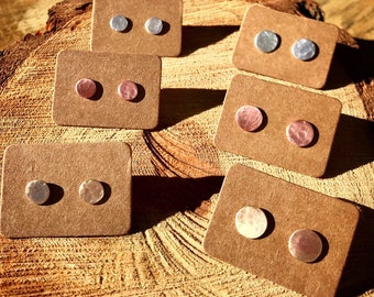 Hammered Stud Earrings, Silver, Copper, Brass