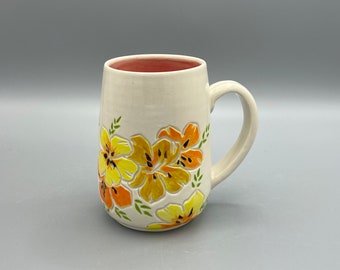 Wheel thrown, handmade porcelain mug -of spring flowers