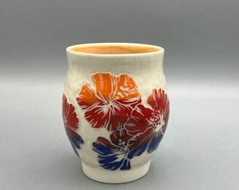 Wheel Thrown porcelain jar with hibiscus flower sgraffito